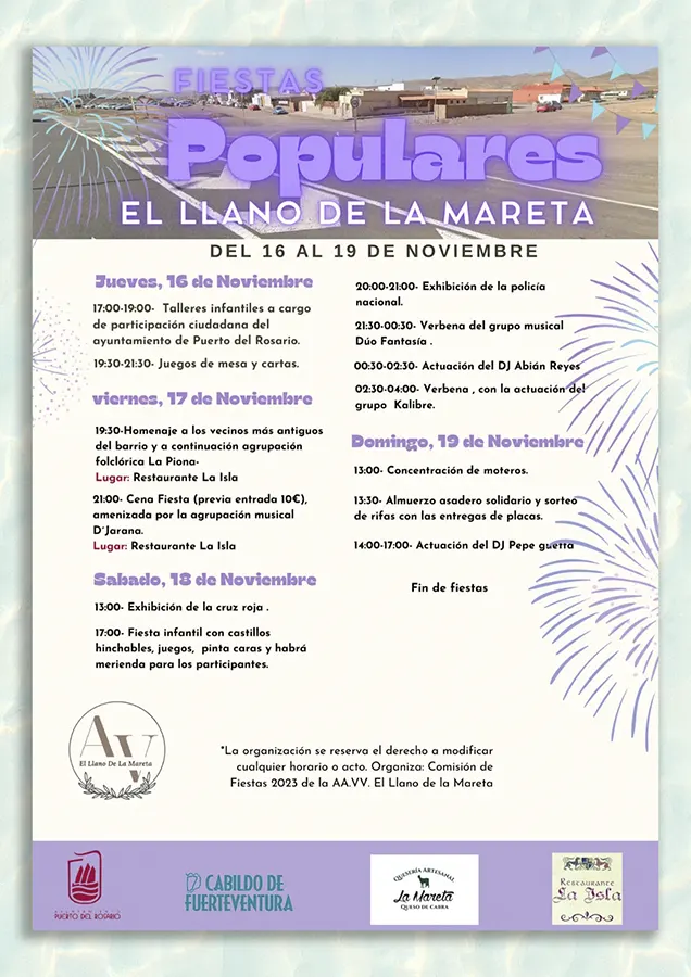 Programación de Actividades, Fechas y Horarios de las Fiestas de El Llano de la Mareta en Puerto del Rosario 2023