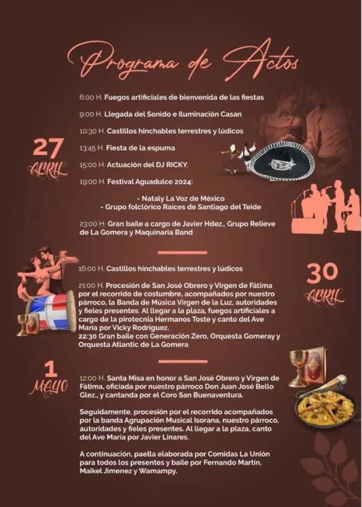 Fiestas de San José Obrero y la Virgen de Fátima en Aguadulce 2024 Guía de Isora. Programación de eventos y actividades.