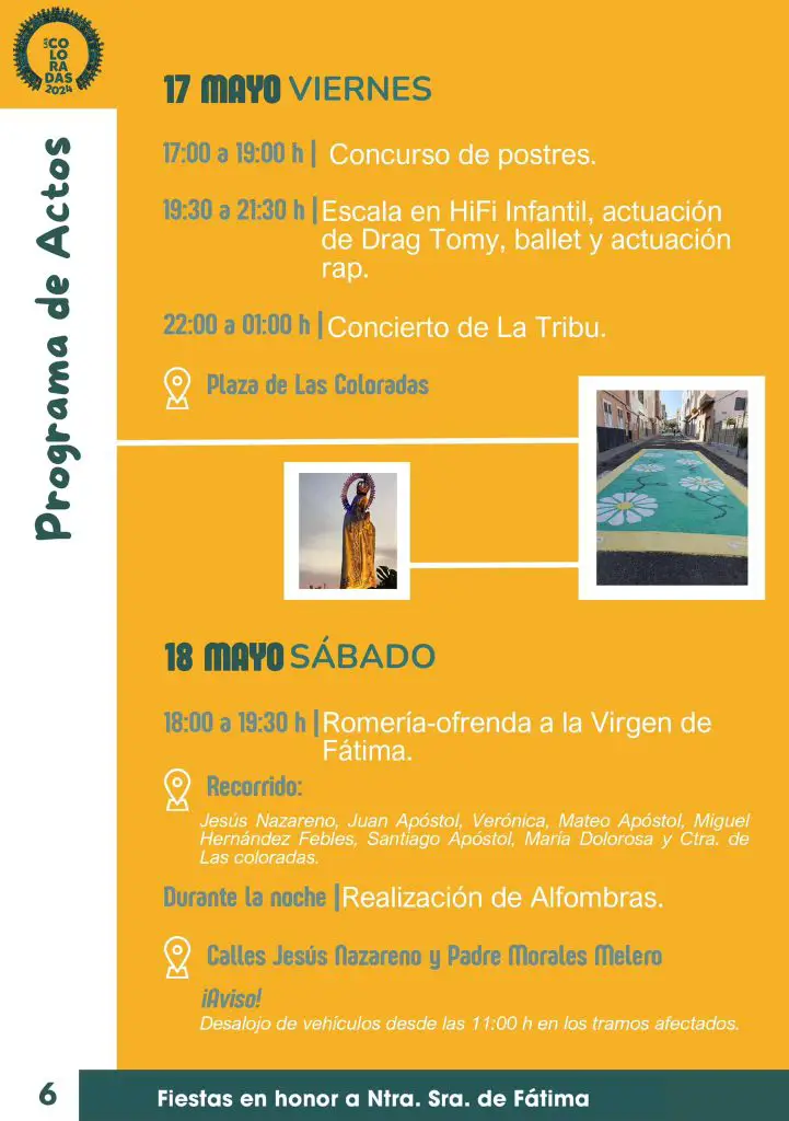 Fiestas de la Virgen de Fátima en Las Coloradas 2024. Programa completo