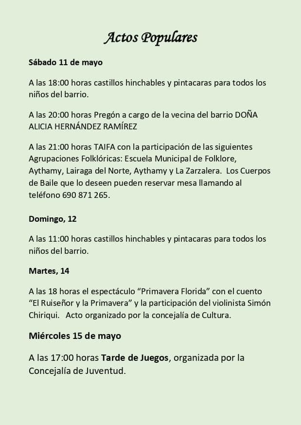Programación Fiestas de la Virgen de Fátima en Pino Santo Bajo 2024