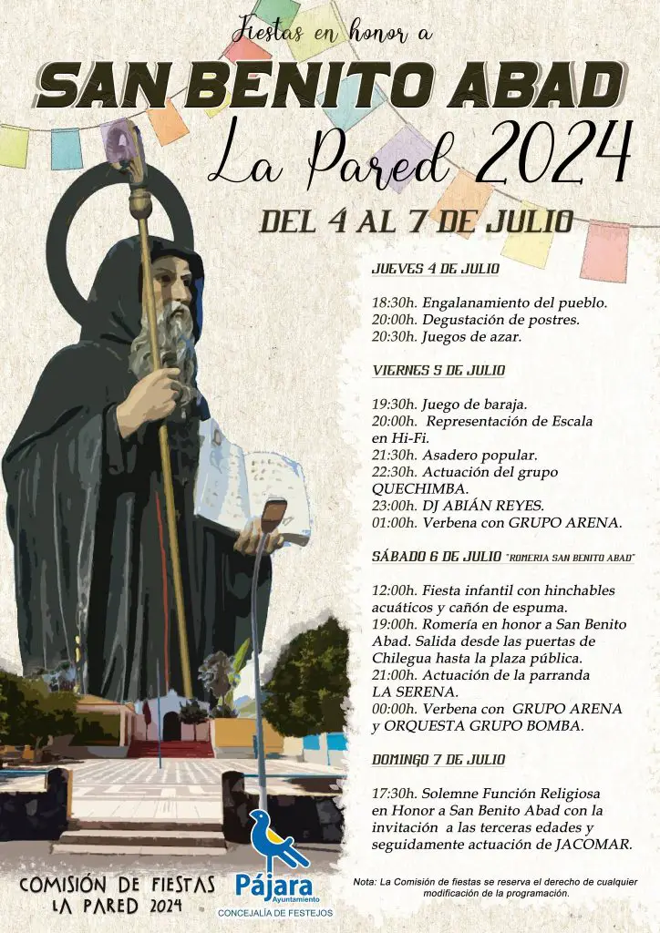 Cartel y programa de las Fiestas de La Pared en honor a San Benito Abad 2024