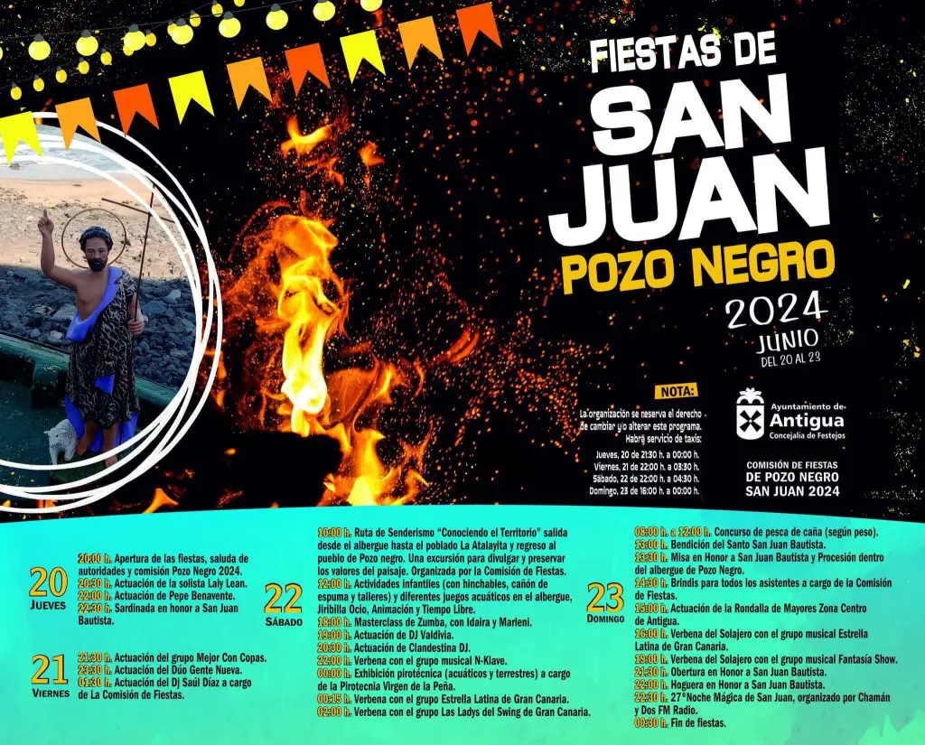 Programa de actos con eventos y actividades destacadas en las Fiestas de San Juan Bautista en Pozo Negro 2024 en Antigua