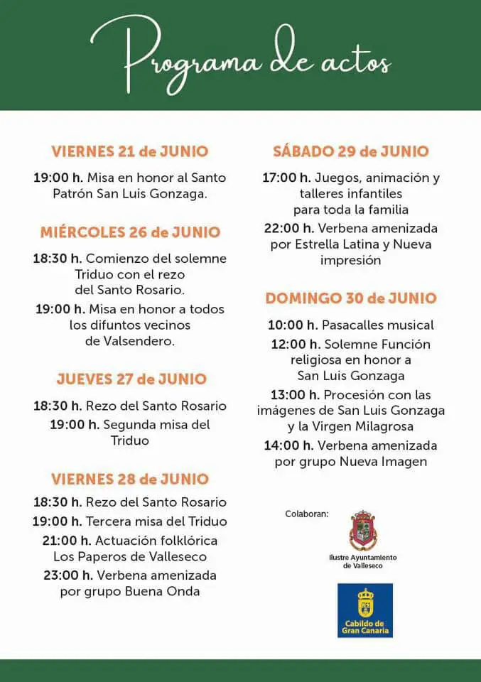 Programa Fiestas de San Luis Gonzaga 2024 en Valsendero. Programación de actos y eventos de las Fiestas. Fechas y Horarios