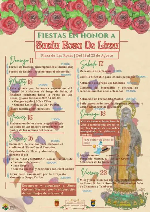 Programa de Eventos y Actividades de las Fiestas de Santa Rosa de Lima en Agulo 2024. Información detallada de las fiestas con fechas